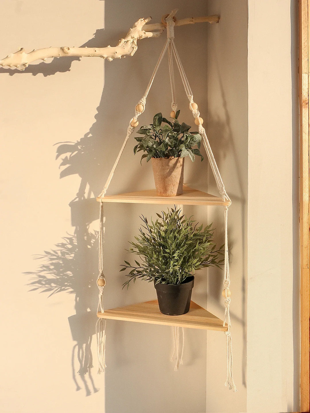 Wooden Corner Floating Macrame Shelf Boho Wall Organiser Plant Candle