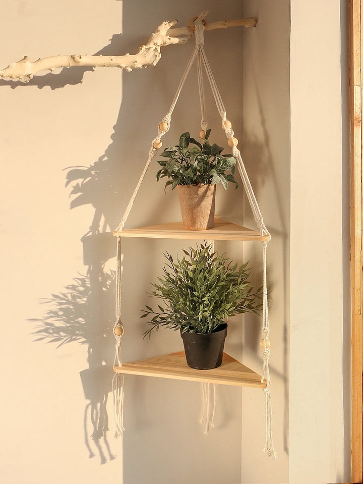 Wooden Corner Floating Macrame Shelf Boho Wall Organiser Plant Candle
