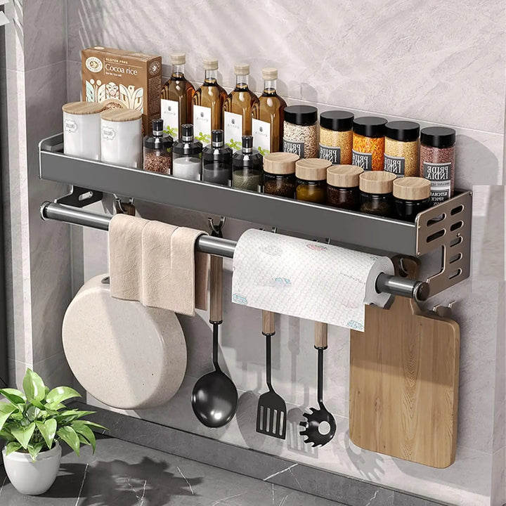 Wall Mount Utensil Holder Kitchen Storage Shelf with Hooks Spice Rack