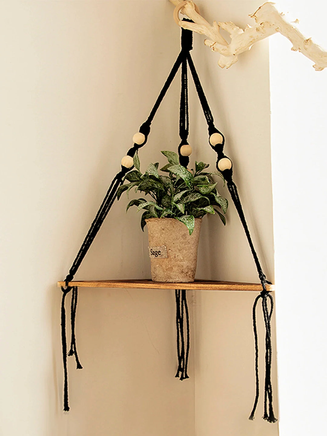 Wooden Corner Floating Macrame Shelf Boho Wall Organiser Plant Candle