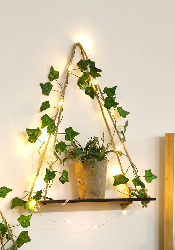 LED Floating Wall Shelf Boho Wooden Hanging Shelf with Leaf Decor