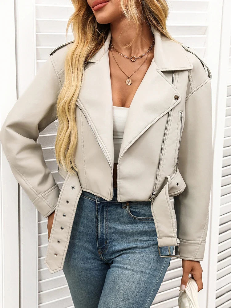 Women's Belted Zip-Through Leather-Look Jacket in Cream