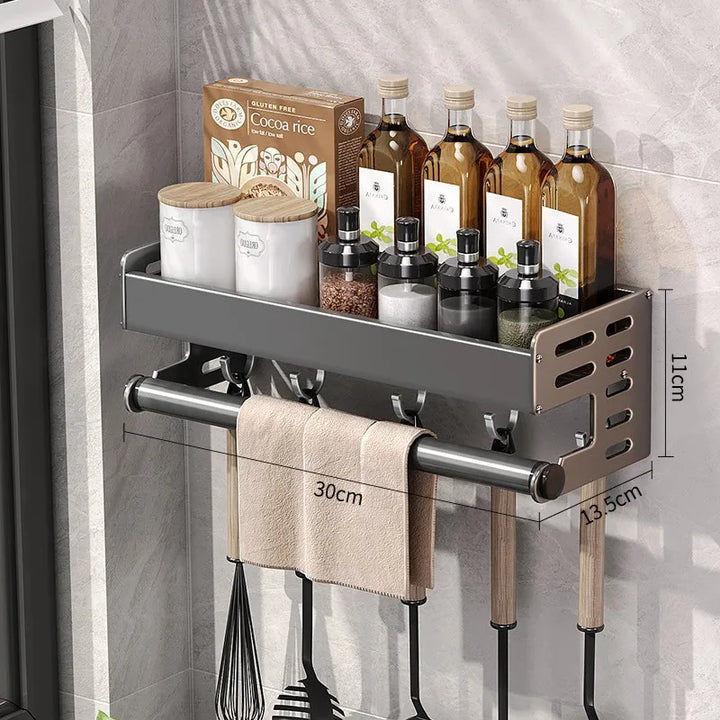 Wall Mount Utensil Holder Kitchen Storage Shelf with Hooks Spice Rack