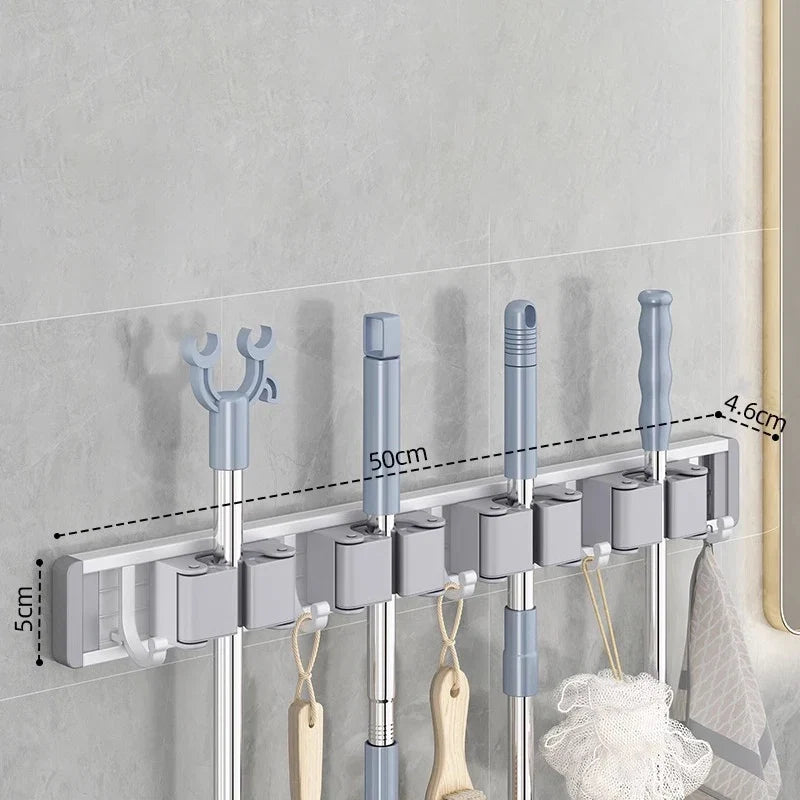 Wall Mounted Mop and Broom Holder Rack Aluminium Organiser with Hooks