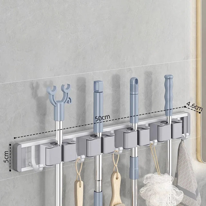 Wall Mounted Mop and Broom Holder Rack Aluminium Organiser with Hooks