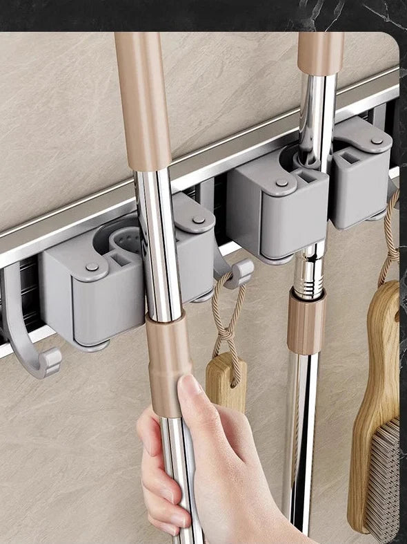 Wall Mounted Mop and Broom Holder Rack Aluminium Organiser with Hooks