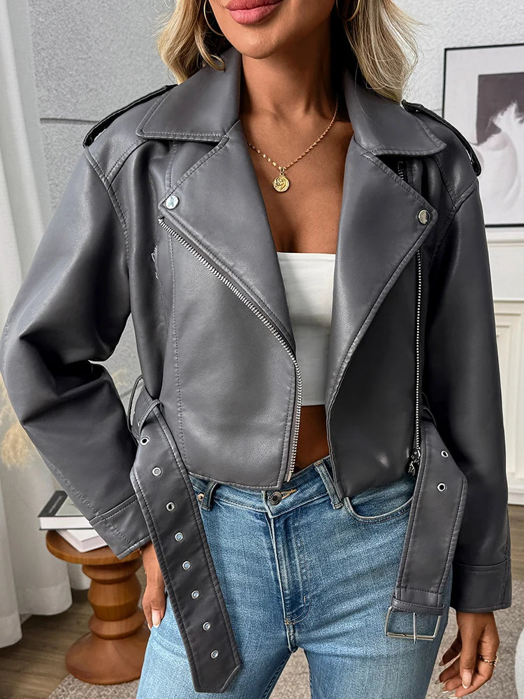 Women's Belted Zip-Through Leather-Look Jacket in Grey