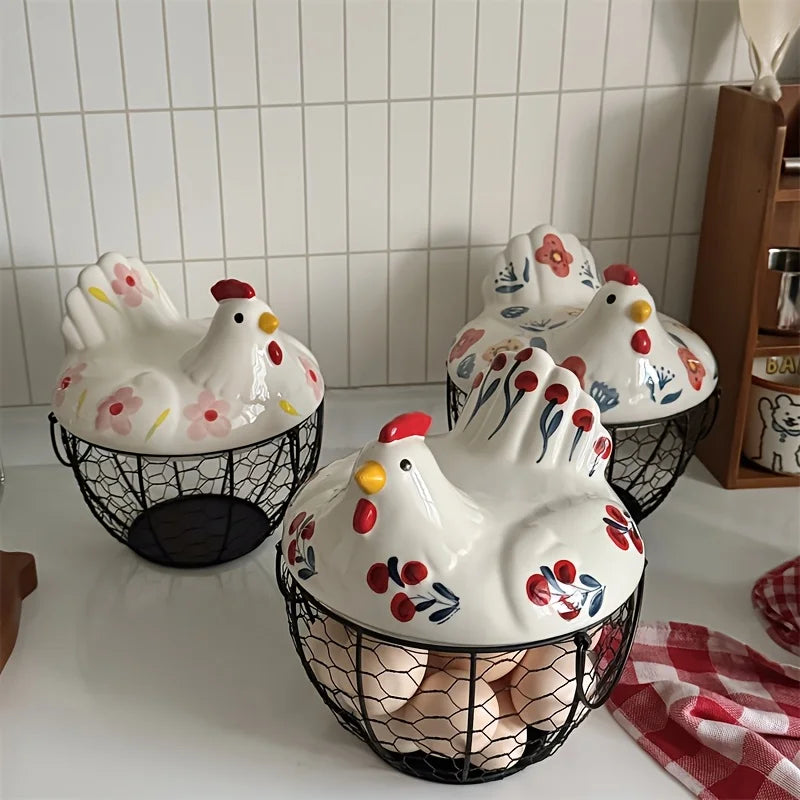 Clovelle Hen Ceramic Egg Holder Basket – Farmhouse Chicken Egg