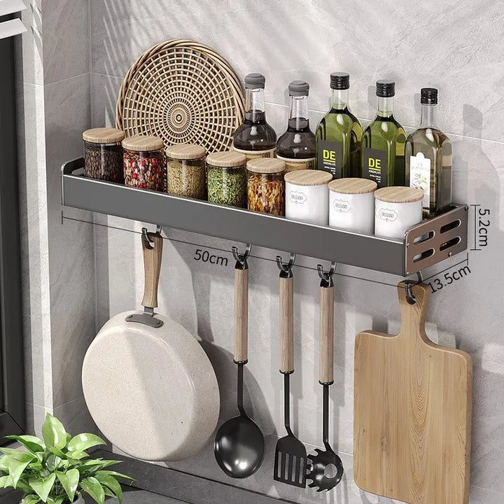 Wall Mount Utensil Holder Kitchen Storage Shelf with Hooks Spice Rack