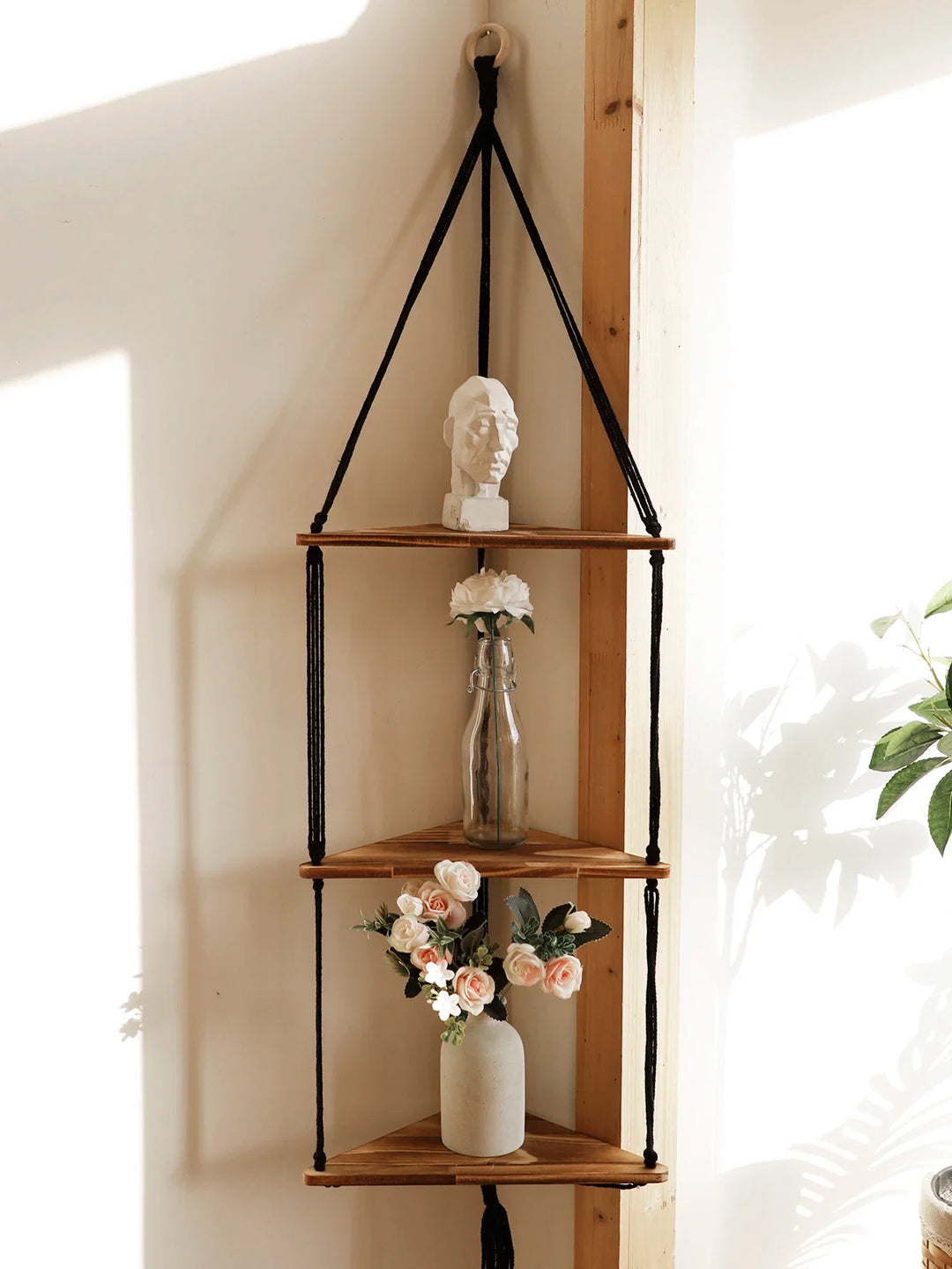 Wooden Corner Floating Macrame Shelf Boho Wall Organiser Plant Candle