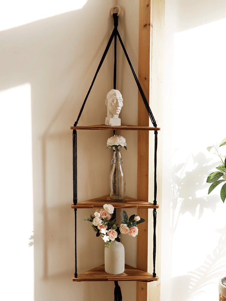 Wooden Corner Floating Macrame Shelf Boho Wall Organiser Plant Candle