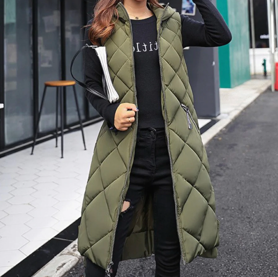 Longline Hooded Puffer Gilet for Women with Zip Front (1)