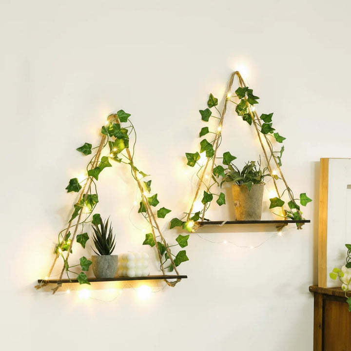 LED Floating Wall Shelf Boho Wooden Hanging Shelf with Leaf Decor