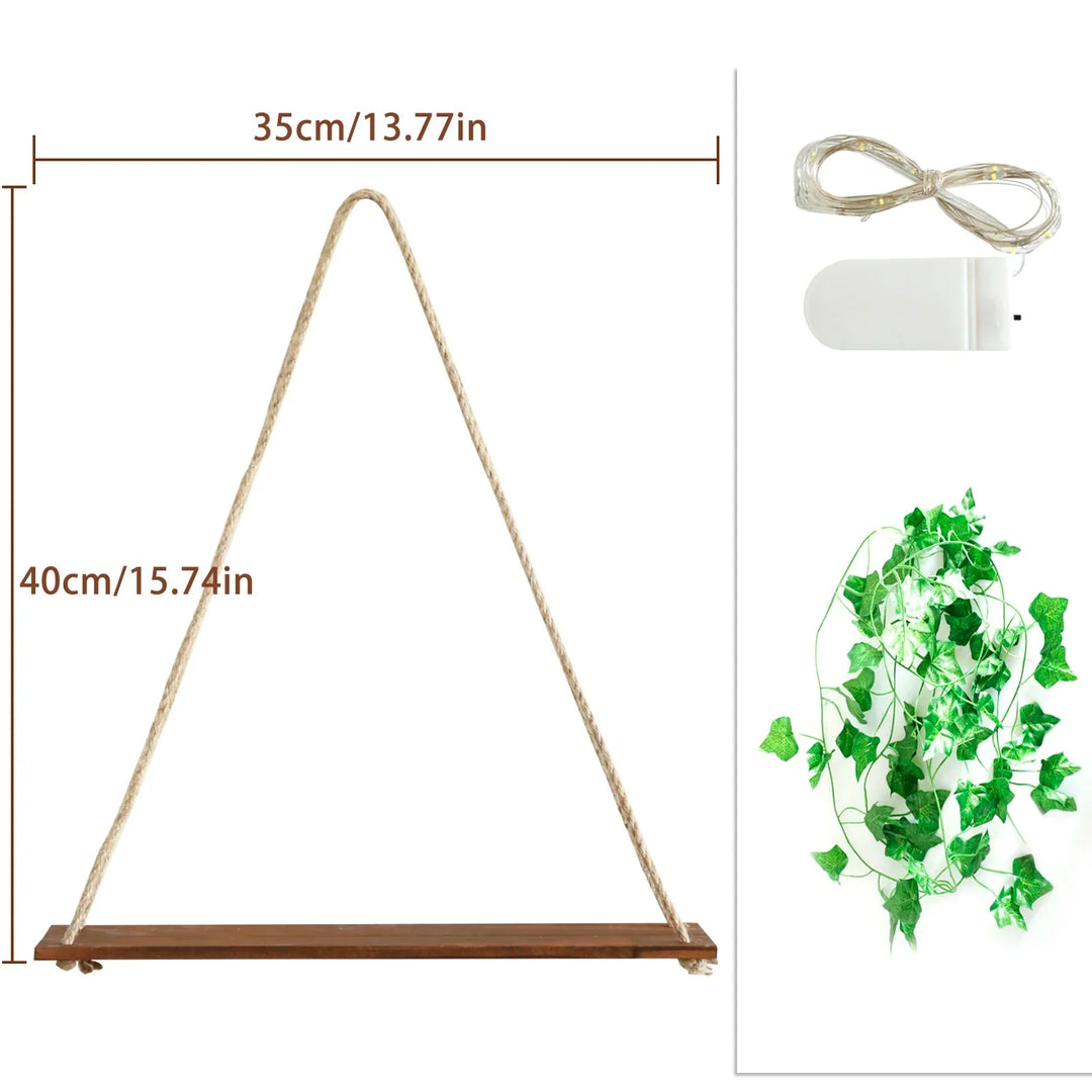 LED Floating Wall Shelf Boho Wooden Hanging Shelf with Leaf Decor