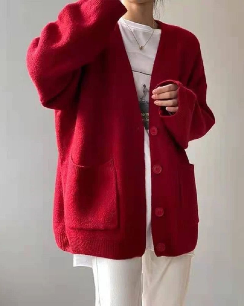 Women's Button-Front Cardigan in Black in Red