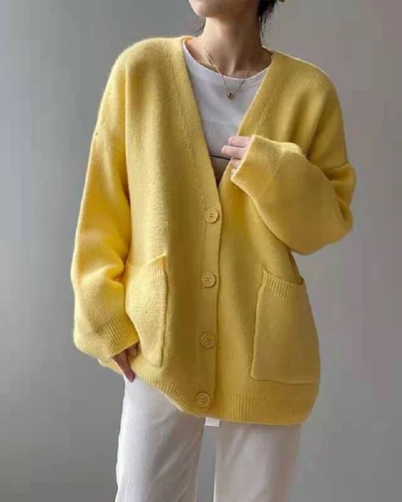 Women's Button-Front Cardigan in Black in Yellow