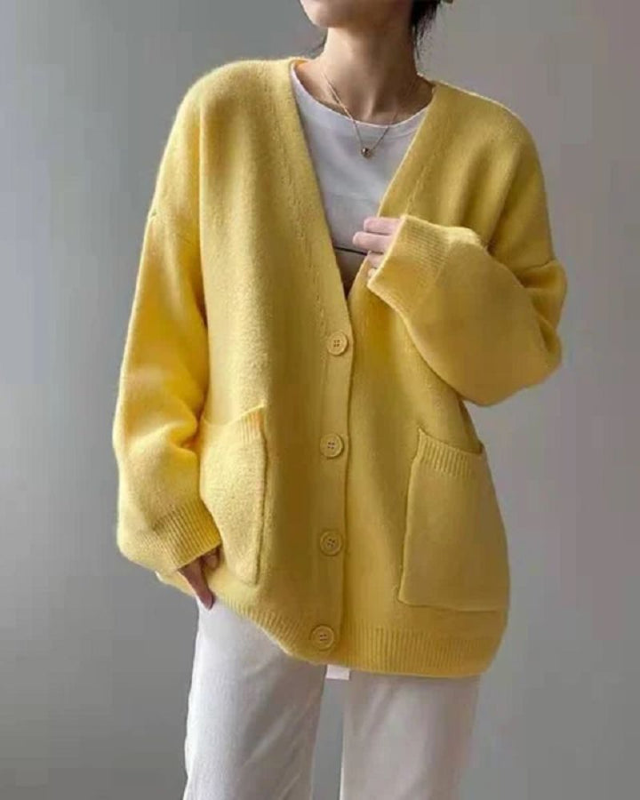 Women's Button-Front Cardigan in Black in Yellow