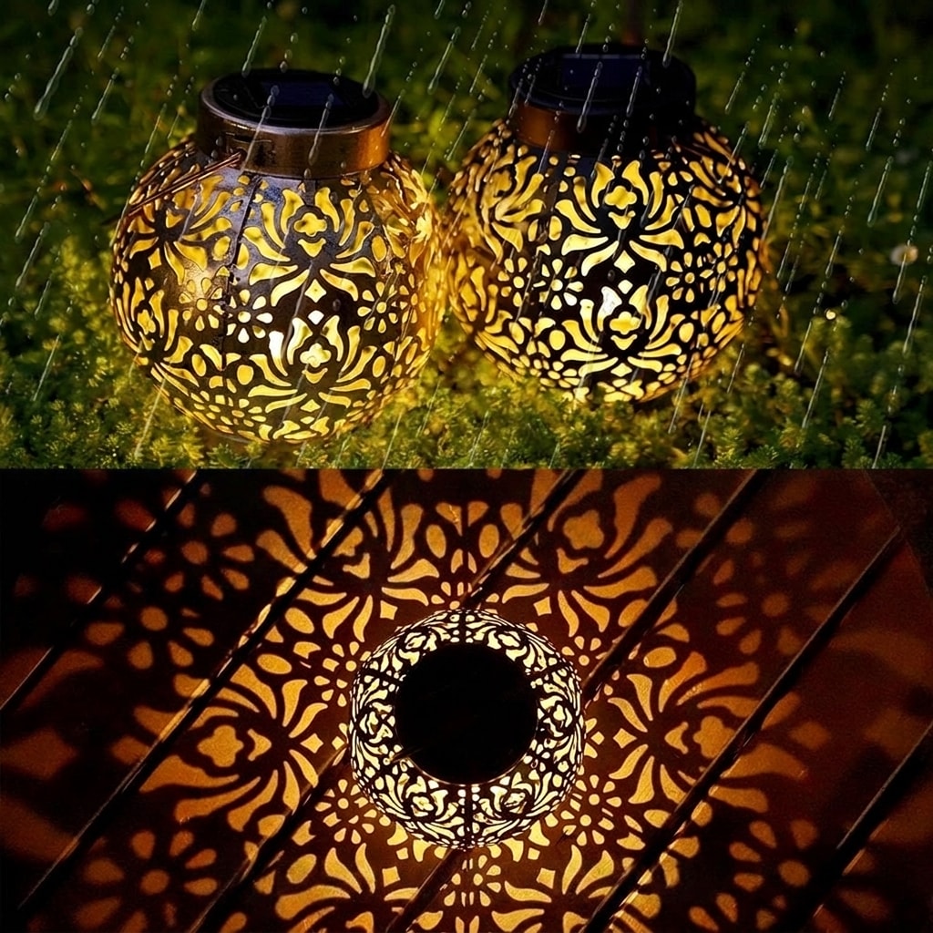 Solar Garden Lantern | Hanging Hollow Pattern LED Outdoor Light 0
