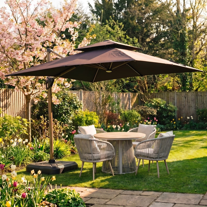 Square Cantilever Garden Parasol - 3m Outdoor Umbrella with LED Lights 0