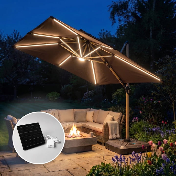 Square Cantilever Garden Parasol - 3m Outdoor Umbrella with LED Lights 5