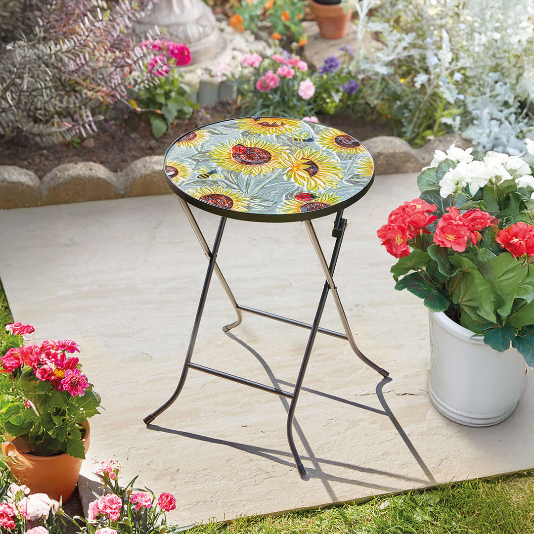 Sunflower Glass Garden Side Table | Hand-Painted Folding Patio Table for Indoor & Outdoor Use 0