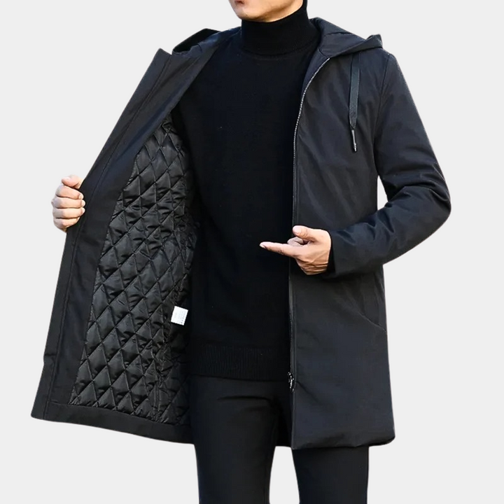 Mid Length Quilted Hooded Coat for Men with Zip Closure (1)