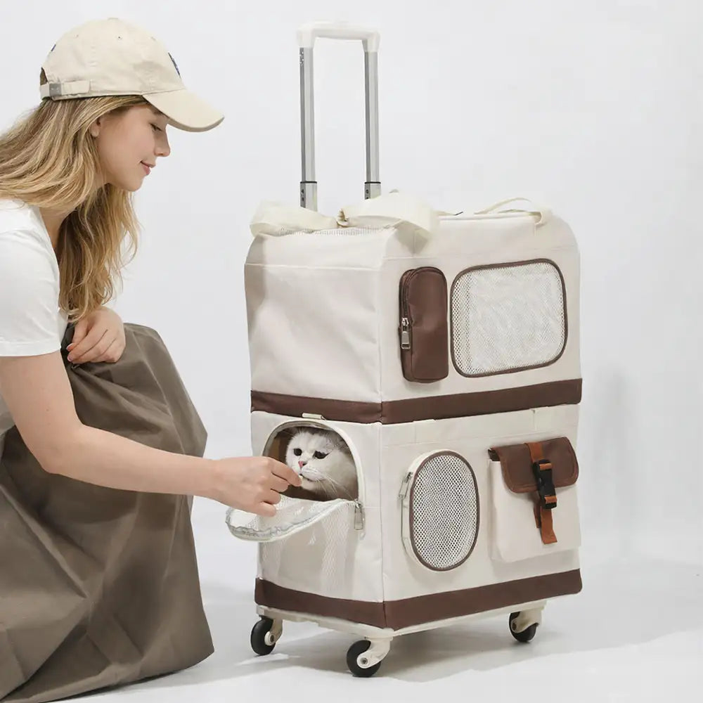 Travel Carrier Double-Layer Foldable Cat Bag with Detachable Trolley 1