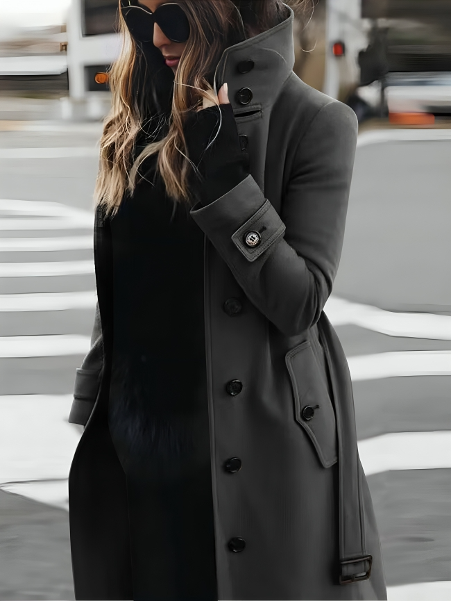 Belted Long Winter Coat for Women with Funnel Neck (1)