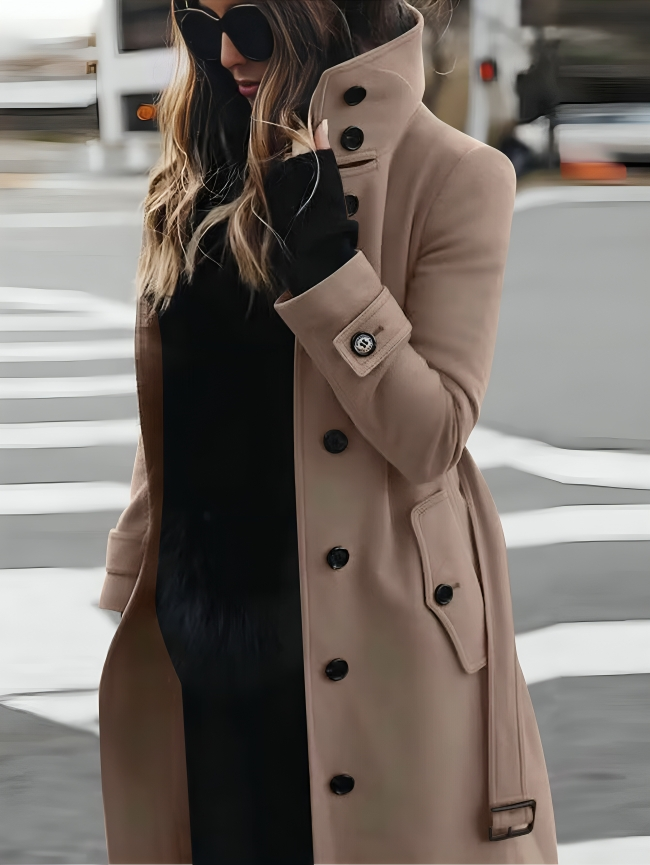 Belted Long Winter Coat for Women with Funnel Neck (2)