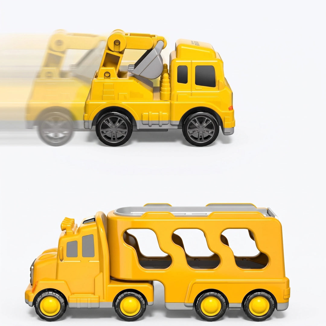 5 Piece Construction Truck Toy Set with Transport Carrier and Pull Back Cars