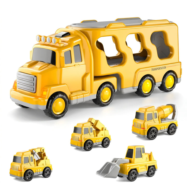 5 Piece Construction Truck Toy Set with Transport Carrier and Pull Back Cars