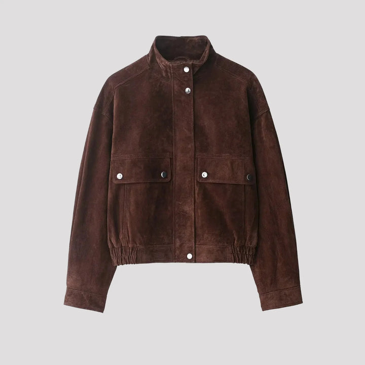 Women's Cropped Button-Front Jacket for Autumn and Winter in Brown