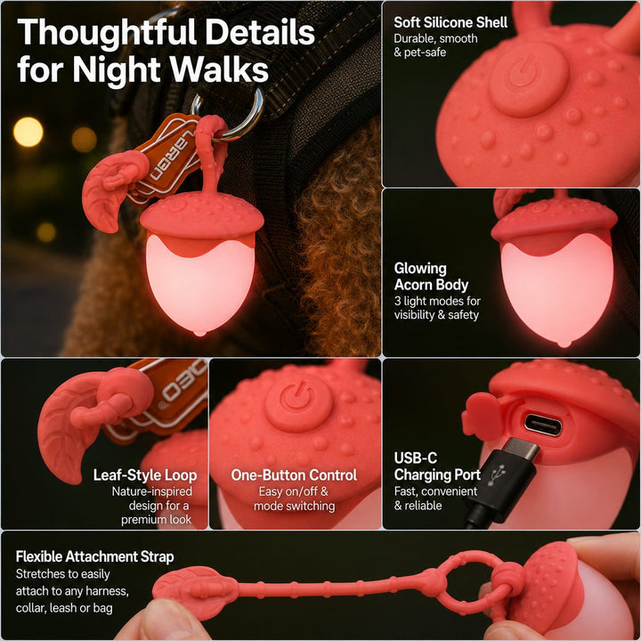 AcornGlow USB-C Rechargeable Pet Safety Light for Night Walks