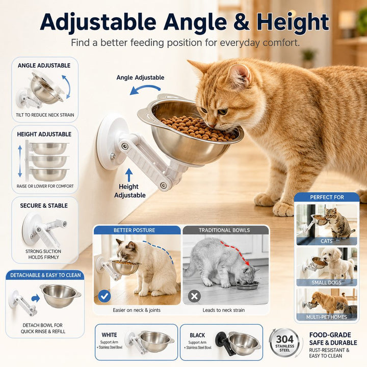 No-Drill Wall-Mounted Pet Bowl for Small Dogs & Cats | Elevated Feeding for Cleaner Floors