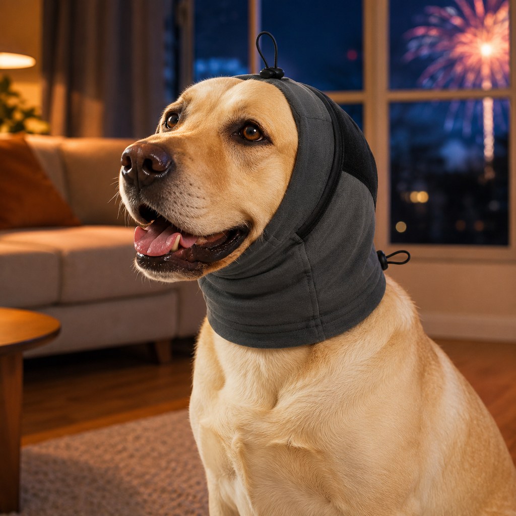 Adjustable Dog Calming Hoodie Ear Wrap for Fireworks, Thunderstorms & Grooming