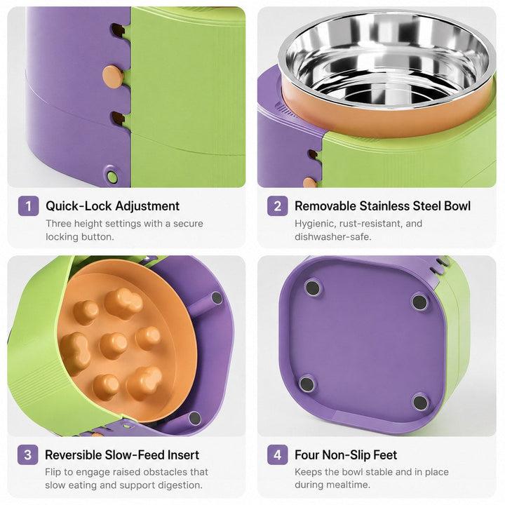 3-Level Adjustable Elevated Slow Feeder Bowl for Cats & Small Dogs