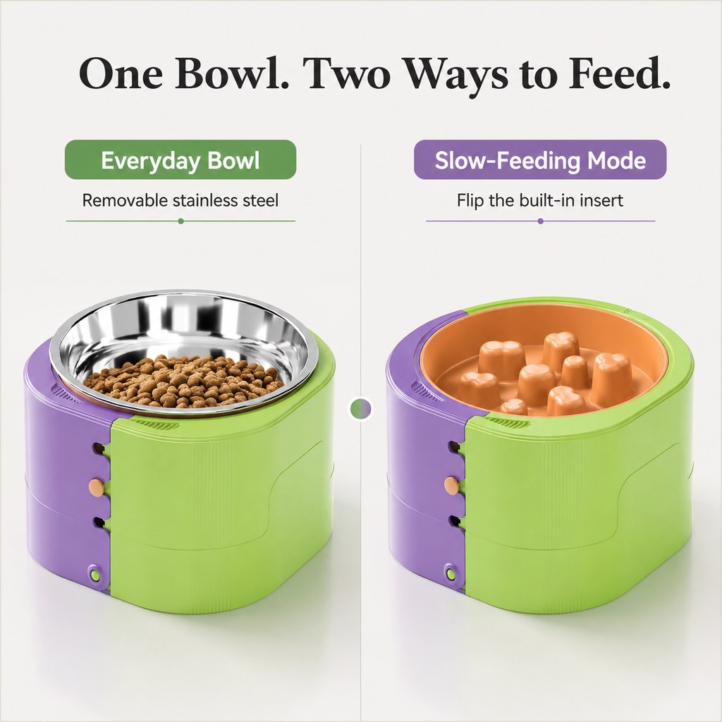 3-Level Adjustable Elevated Slow Feeder Bowl for Cats & Small Dogs