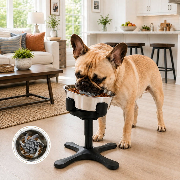 French Bulldog Adjustable Elevated Tilted Dog Bowl for Kitchen Feeding Corners