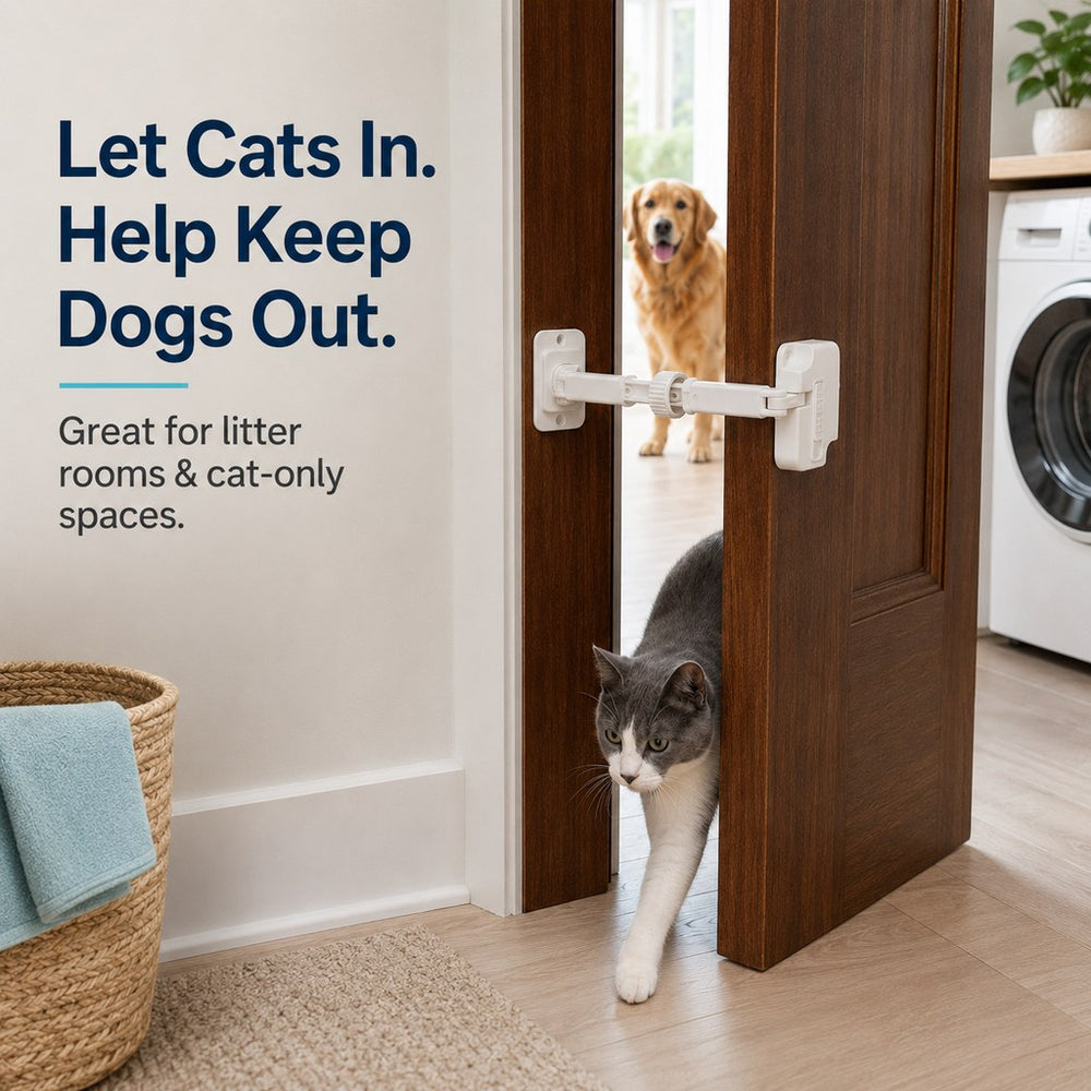 Adjustable Pet Door Latch for Litter Rooms | Let Cats In & Help Keep Dogs Out