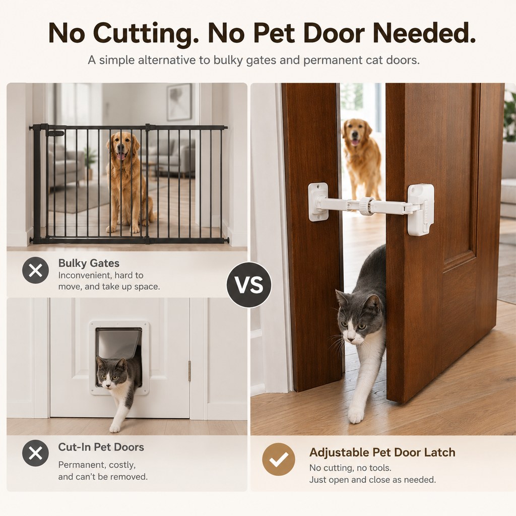 Adjustable Pet Door Latch for Litter Rooms | Let Cats In & Help Keep Dogs Out