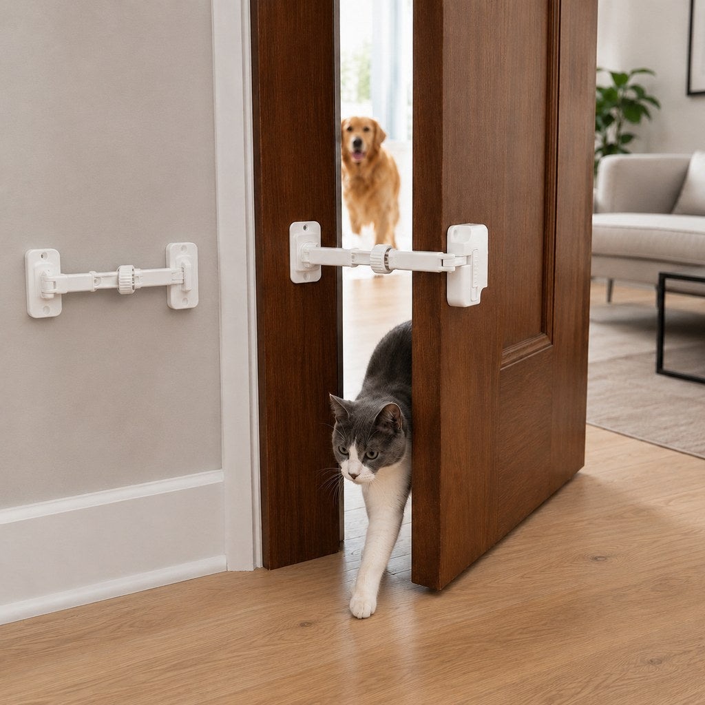 Adjustable Pet Door Latch for Litter Rooms | Let Cats In & Help Keep Dogs Out