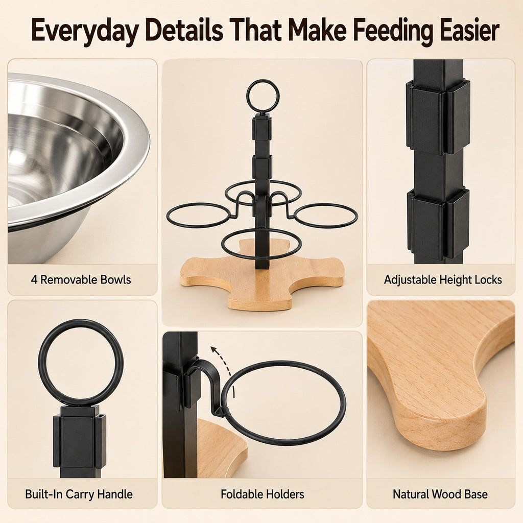4-Bowl Adjustable Elevated Pet Feeder for Cats & Small Dogs | Organized Food and Water Station