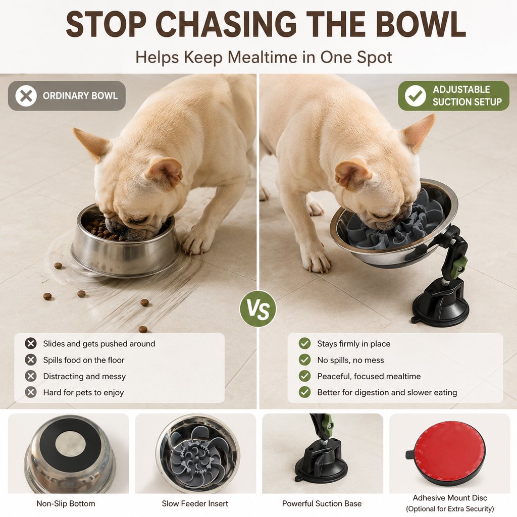 Adjustable Suction-Mount Slow Feeder Bowl for French Bulldogs, Cats & Small-to-Medium Dogs