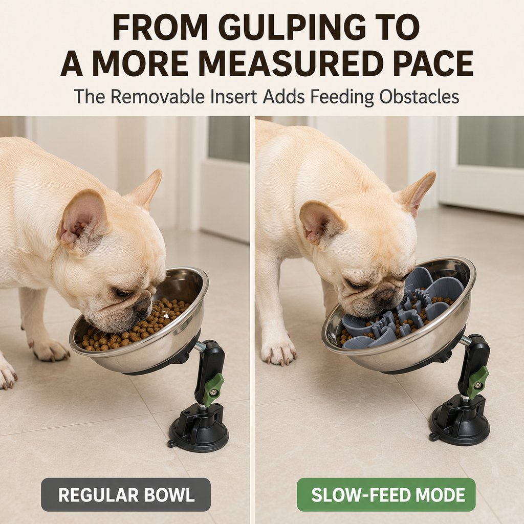 Adjustable Suction-Mount Slow Feeder Bowl for French Bulldogs, Cats & Small-to-Medium Dogs