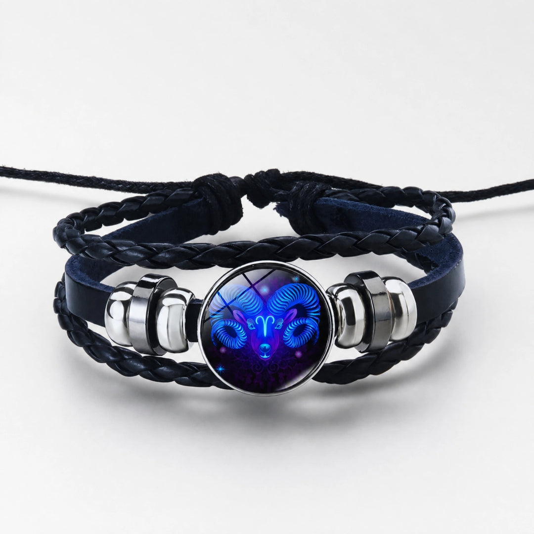Adjustable Zodiac Bracelet with Leather Band, Alloy Charm and Wax Cord Design