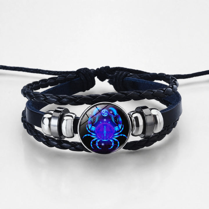 Adjustable Zodiac Bracelet with Leather Band, Alloy Charm and Wax Cord Design