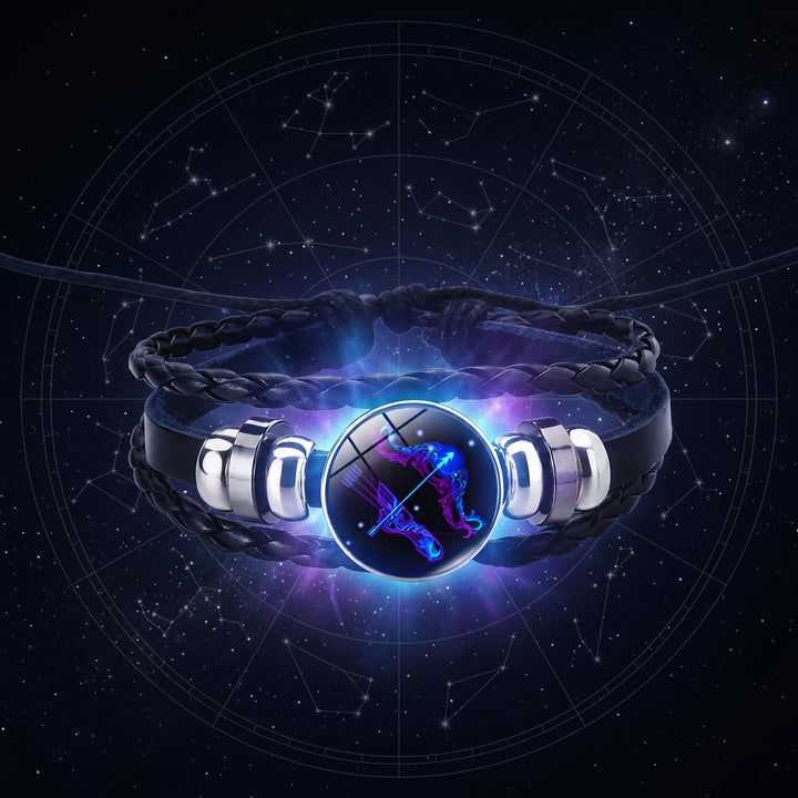 Adjustable Zodiac Bracelet with Leather Band, Alloy Charm and Wax Cord Design