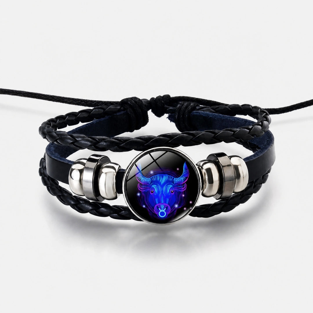 Adjustable Zodiac Bracelet with Leather Band, Alloy Charm and Wax Cord Design