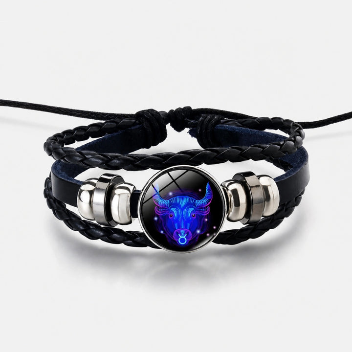 Adjustable Zodiac Bracelet with Leather Band, Alloy Charm and Wax Cord Design