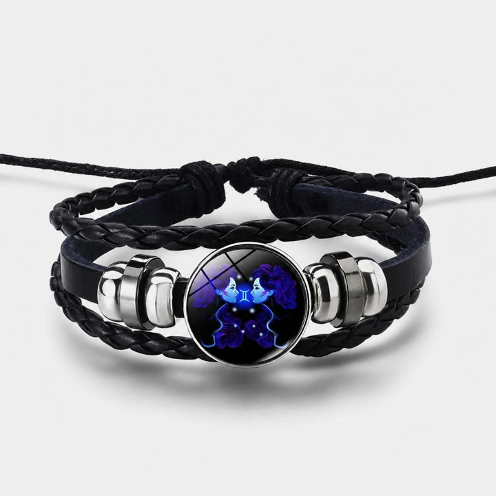 Adjustable Zodiac Bracelet with Leather Band, Alloy Charm and Wax Cord Design
